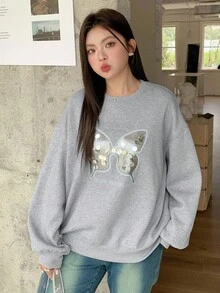 Dazy Plus Felpa oversize con fiocco e stampa a paillettes, con fodera termica, vestibilità morbida, collo a giro, maniche lunghe, colore grigio, taglia grande, adatta per l'autunno/inverno - Grigio - Visualizzare 5