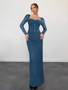 Aloruh Đầm maxi ôm sát bodycon tay dài ren chữ S gợi cảm cho nữ, cổ vuông, màu đen, dự tiệc, hẹn hò, thu/đông - Màu xanh ngọc - Xem 3