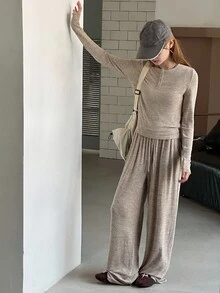 DAZY 2 件套青少年女孩休闲直筒裤和 T 恤套装，舒适简约，秋季 - 灰色 - 查看 5