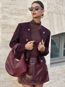 Lavishia Women's Wine Red Thick Tweed Round Neck Long Sleeve Metal Button Fitted Winter Jacket Chic Fall Autumn - Burgundy - View 5
