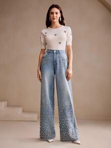 Anewsta 女式奢华水钻装饰蓝色牛仔裤 - 藍色 - 查看 3