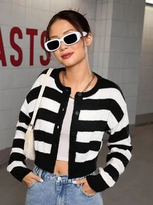 Teen Girl Casual Daily Contrast Stripe Button Front Cardigan Cropped Cardigan Striped Cardigan Black And White Cardigan Teen Cardigan Girl Cardigan - Black and White - View 11