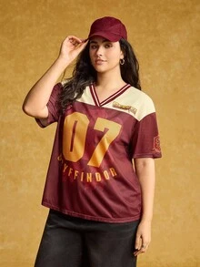 HARRY POTTER X SHEIN Plus Size V-Neck Color Block Letter Graphic Short Sleeve T-Shirt - Red - View 4