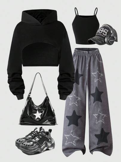 少女纯色吊带背心、长袖连帽衫和裤子三件套