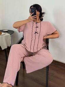 Dream Adore Côtesoire Casual Romantic Pink Decorative Overlock Stitching Design Thin Waffle Knit Texture Fabric Plus Size Homewear Short Sleeve Top And Pants Set - Pink - View 4