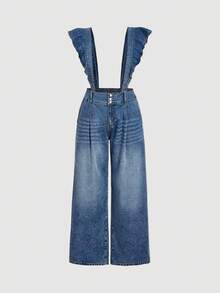 SHEIN MOD Plus Size Casual Washed Denim Overalls With Ruffle Hem Christmas Outfit For Women Winter Clothes For Women Comfortable Plus Size Denim Overalls For Women Fashionable Wide Leg Jumpsuit With Ruffled Straps - Medium Wash - View 1