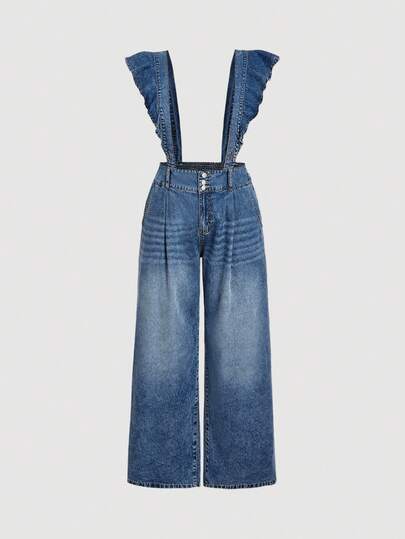 SHEIN MOD 大码休闲水洗牛仔荷叶边下摆工装裤