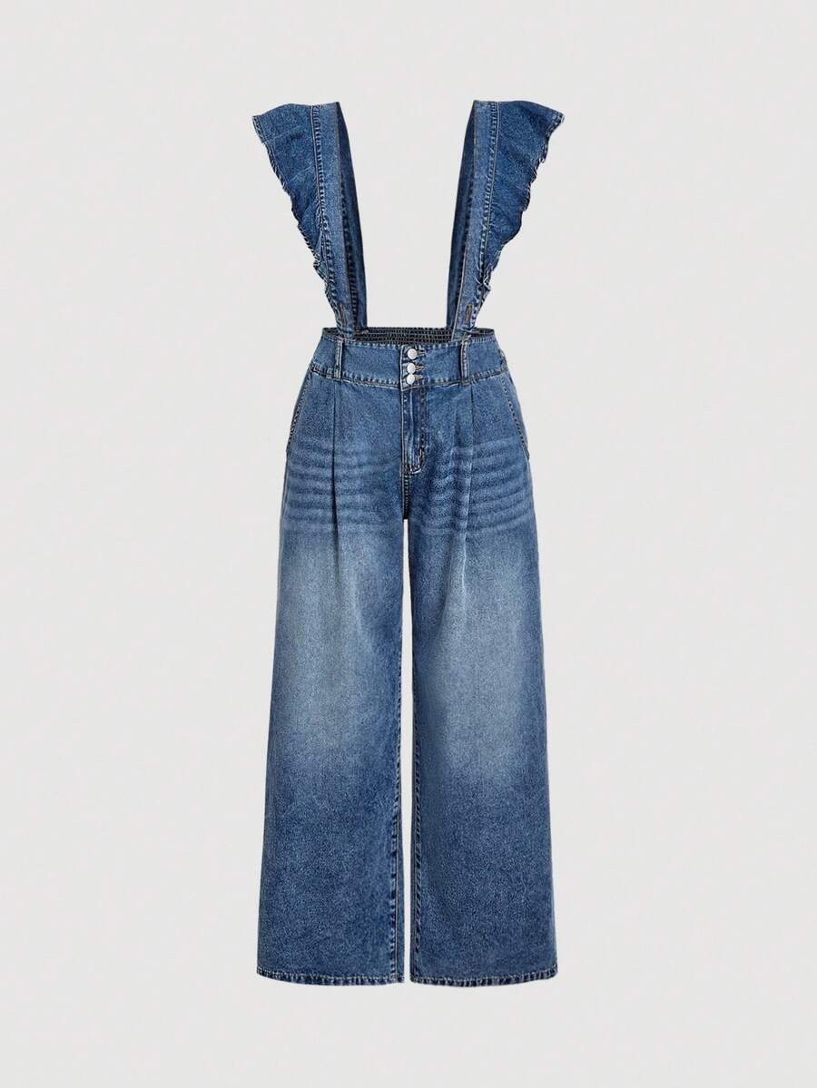 SHEIN MOD Plus Size Casual Washed Denim Overalls With Ruffle Hem Christmas Outfit For Women Winter Clothes For Women Comfortable Plus Size Denim Overalls For Women Fashionable Wide Leg Jumpsuit With Ruffled Straps - Medium Wash - View 1