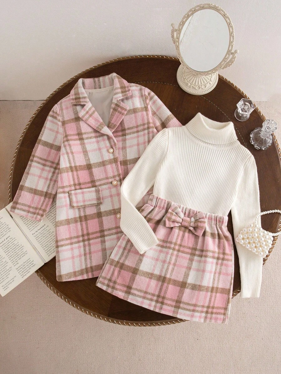 Souflis Souflis Bộ 2 món quần áo thu cho bé gái phong cách thường ngày, bộ đồ mùa đông kẻ sọc, áo khoác và váy - Hồng - Xem 1