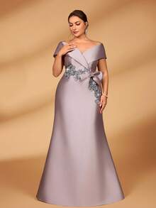 Serin 加大码优雅奢华露肩连衣裙，亮片贴花，蝴蝶结装饰，鱼尾下摆，适合晚会、约会、度假、音乐节、婚礼、新娘、新娘母亲