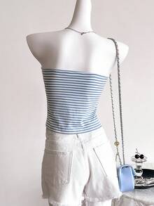 Teenage Girls Casual Minimalist Blue And White Striped Knit Tube Top Versatile Camisole - Multicolor - View 2