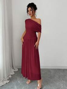 Elenzga Elegancka sukienka damska w jednolitym kolorze w stylu francuskim, dzianinowa asymetryczna plisowana długa sukienka z marszczeniami w talii, luksusowa suknia wieczorowa - Burgund - Zobacz 4