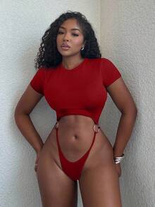 Alexandranx Bộ đồ liền thân hở eo tay ngắn gợi cảm màu trơn mùa hè cho nữ - Đỏ - Xem 4