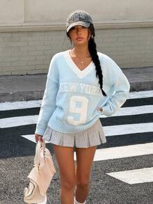 SHEIN Áo len chui đầu họa tiết khối màu cổ chữ V rộng rãi cho bé gái tuổi teen Áo len New York Áo nỉ Áo len màu pastel Áo len xanh Áo len cổ chữ V cho mùa thu/đông - Xanh và trắng - Xem 3