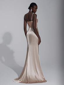 Elitara 优雅、奢华、时尚、浪漫、杏色、串珠拼布、弹力缎面、鱼尾下摆、拖尾，适合度假、婚礼、单身派对、正式舞会、晚宴礼服 - 卡其色 - 查看 6