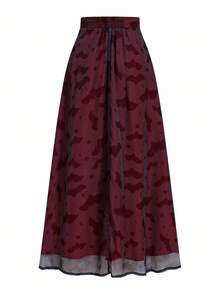 Ellevyn Halloween Bat Print Skirt, Comfortable And Easy To Wear,Halloween ,Brown   Burgundy - Multicolor - View 3
