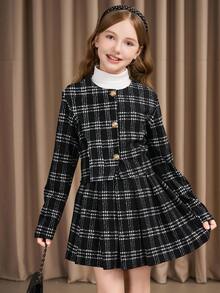 3 件套青少年女孩套装：简约优雅格子开衫、裙子和纯色长袖上衣 - 黑色 - 查看 6