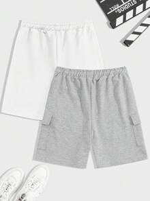 RueChic Men 2pcs Pack Cargo Pockets Drawstring Waist Regular Shorts - Black and White - View 2