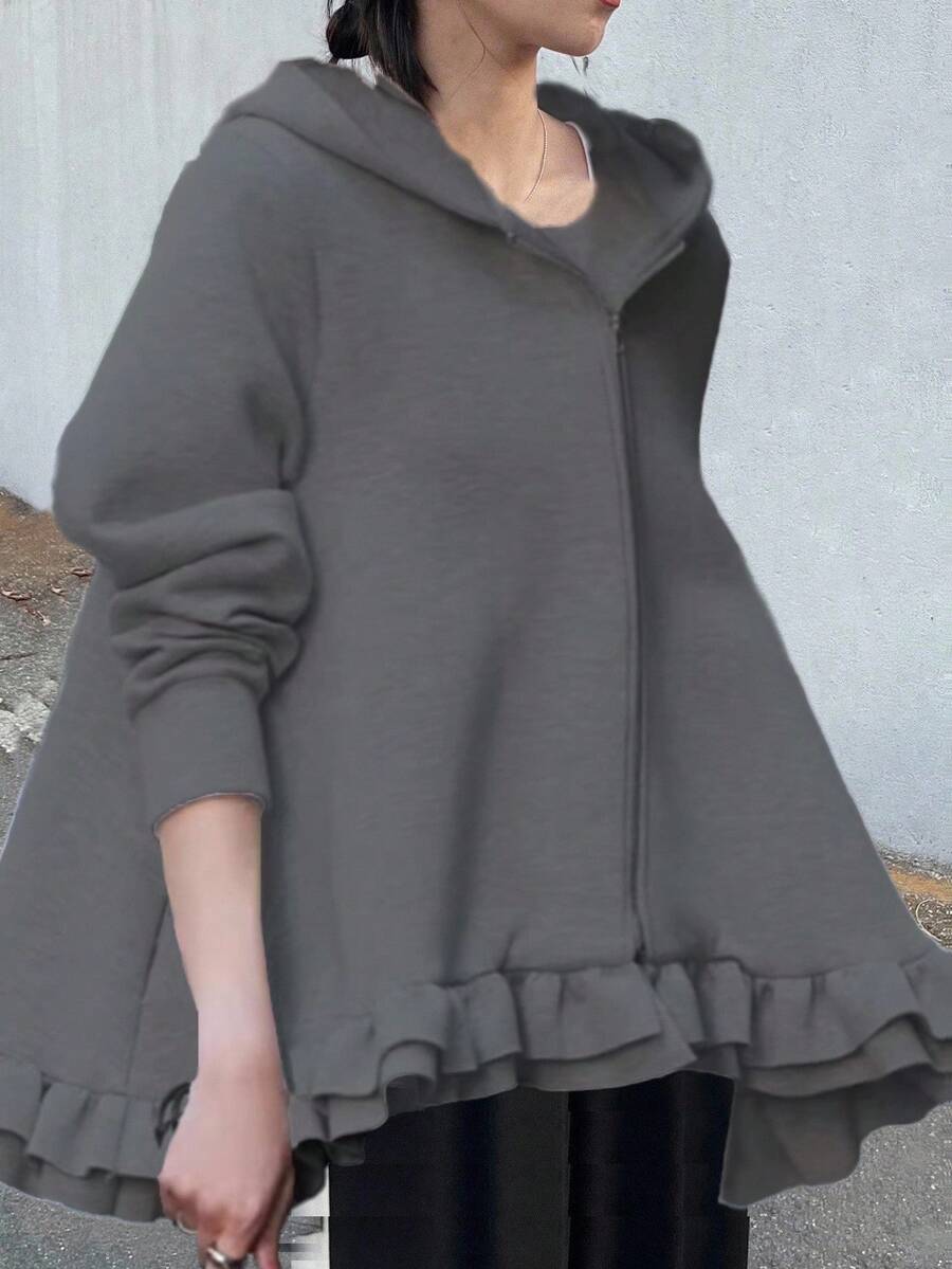 FRIFUL Women's Loose Hem Ruffle Patchwork Thick Thermal Lined Solid Color Casual Sweatshirt Jacket Fall, Winter Zip Up School - Grey - View 1