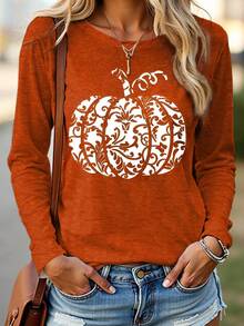 EMERY ROSE Women's Pumpkin Print T-Shirt For Halloween, Autumn