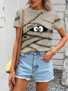 EMERY ROSE Halloween Casual Funny Bandage & Spider Graphic Print Minimalist Plus Size T-Shirt, Summer - Multicolor - View 4