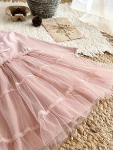 SHEIN Korean Style 2 In 1 Plaid Dress, Sweet Princess Baby Girl Outfit, Spring/Autumn Fall Winter - Dusty Pink - View 4