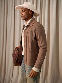 Manfinity Homme Casual Khaki Loose Cargo Denim Jacket, Spring/Summer Cowboy Western Regular Washed Pocket For Work - Khaki - View 4