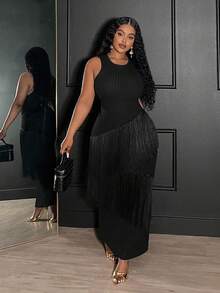 Veslaya Vestido maxi asimétrico de punto negro con parches, flecos y sin mangas para mujer talla grande, estilo vintage occidental, casual de negocios, elegante para oficina, calle, vacaciones, graduación o fiesta, colección otoño/invierno 2025