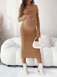 SHEIN Maternity Solid Color Off Shoulder Long Sleeve Ribbed Fitted Elegant Dress, Autumn Brown Maternity Dress Two Piece Maternity Dress Ribbed Maternity Dress Knit Maternity Dress Maternity Dress Off Shoulder