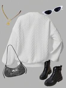 SHEIN Girlism Teen Girls' Casual Textured Solid Color Loose Fit Crew Neck Sweatshirt, Autumn Fall Winter - White - View 2