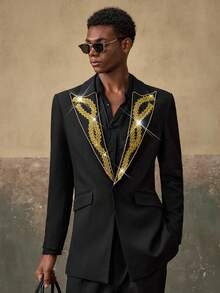 AKNOTIC 2pcs Men's Woven Casual Loose Fit Long Sleeve Jacket And Straight Leg Pants Set - Black - View 6