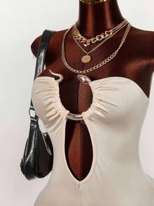 Amplova 大码女式纯色圆环装饰紧身镂空性感连体裤 - 彩色 - 查看 5