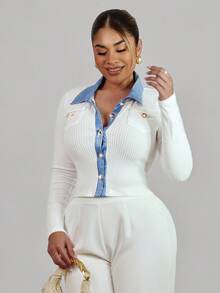 Xyvia Elegant Ribbed Knit Fabric Patchwork Contrast Button Closure Fitted Short Cardigan Fall Cloth For Women - White - View 5