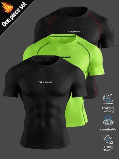 Manfinity Sport Corelite 3pcs/Set Men's Letter Print Contrast Piping Raglan Short Sleeve Sports T-Shirt Compression Shirt Men