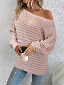 SHEIN LUNE Suéter holgado de manga de murciélago y hombros descubiertos de unicolor para mujer de talla grande, otoño - Rosa Pálido - Ver 5