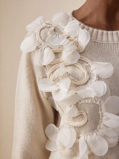 Vesra Suéter casual feminino com gola redonda e detalhes florais 3D, outono/inverno