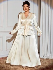 Cravure Damen Große Größen Elegantes Party Set aus apricotfarbenem Tweed-Jacke und Rock - Aprikosenfarben - Übersicht 1
