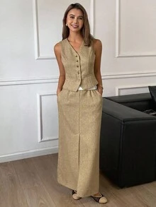 DAZY Conjunto de chaqueta de chaleco ajustada de cuello en V sin mangas y falda recta con abertura en el bajo, para otoño/invierno - Caqui - Ver 4