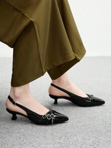 CUCCOO BIZCHIC 女士尖头小猫跟鞋黑色多带露背舒适通勤百搭办公室女士高跟鞋 - 黑色 - 查看 4