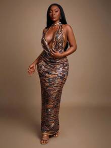 Radiana 大码女装秋冬春夏优雅华丽性感基本款虎纹亮片弹力面料深V露背垂褶修身连衣裙，适合宴会、盛宴、晚宴、舞会、都市、性感职场女郎、邮轮、复古、节日、音乐会、嘉年华、郊游、层次丰富的场合、假日、约会之夜、聚会、生日、单身派对、鸡尾酒会、正式活动、端庄、时尚、夜店、可爱、休闲、外出等场合，凸显身材，修饰身形，展现迷人曲线。 - 彩色 - 查看 6