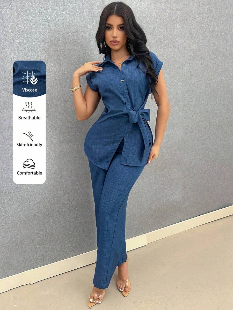 Vavine 女式夏季纯色打结腰衬衫和裤子两件套休闲套装 - 藍色 - 查看 1
