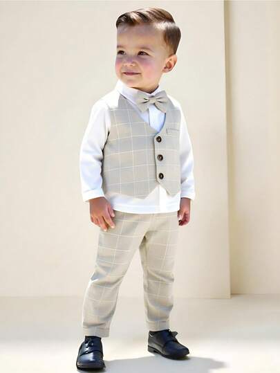 SHEIN 3 件套幼儿男童优雅舒适绅士服装套装，包括格子单排扣背心、松紧腰裤和蝴蝶结（不含衬衫），适合春秋季节、日常、户外、学校、派对、活动和拍照、男婴服装、男婴西装、男婴正装、婴儿洗礼服装、婴儿正式场合绅士服装