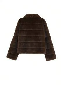 DAZY 女式立领短款仿皮草外套 - 棕色 - 查看 9