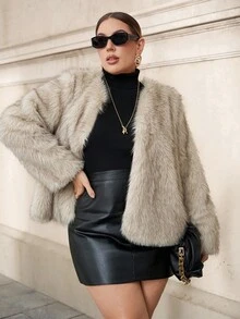 Chikora 加大码女式秋季长袖前开宽松人造皮草夹克人造皮草大衣皮草上衣女式人造皮草夹克女式人造皮草大衣人造皮草上衣毛茸茸皮草夹克 - 杏色 - 查看 9