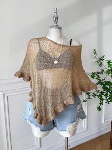 Comfortcana Áo choàng Poncho đan móc mỏng nhẹ viền bèo nhún màu xanh lá cây cỡ lớn dành cho nữ, thích hợp cho những buổi đi chơi và hẹn hò vào mùa hè - Màu Khaki - Xem 5