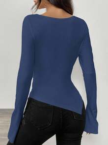 Chiquease Damen Rundhals-Asymmetrisches Schulter Strick T-Shirt mit geraffter Taille und asymmetrischem Saum