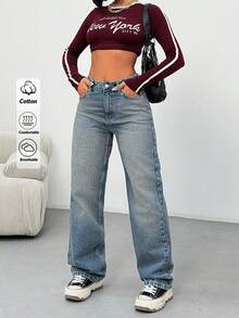 EURMUSE Jean denim taille haute slim droit, lavage vintage Y2K - Jean bleu - Voir 2