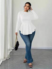 Elenzga 大码女式露肩长袖收腰A字T恤，白色休闲上衣 - 白色 - 查看 5