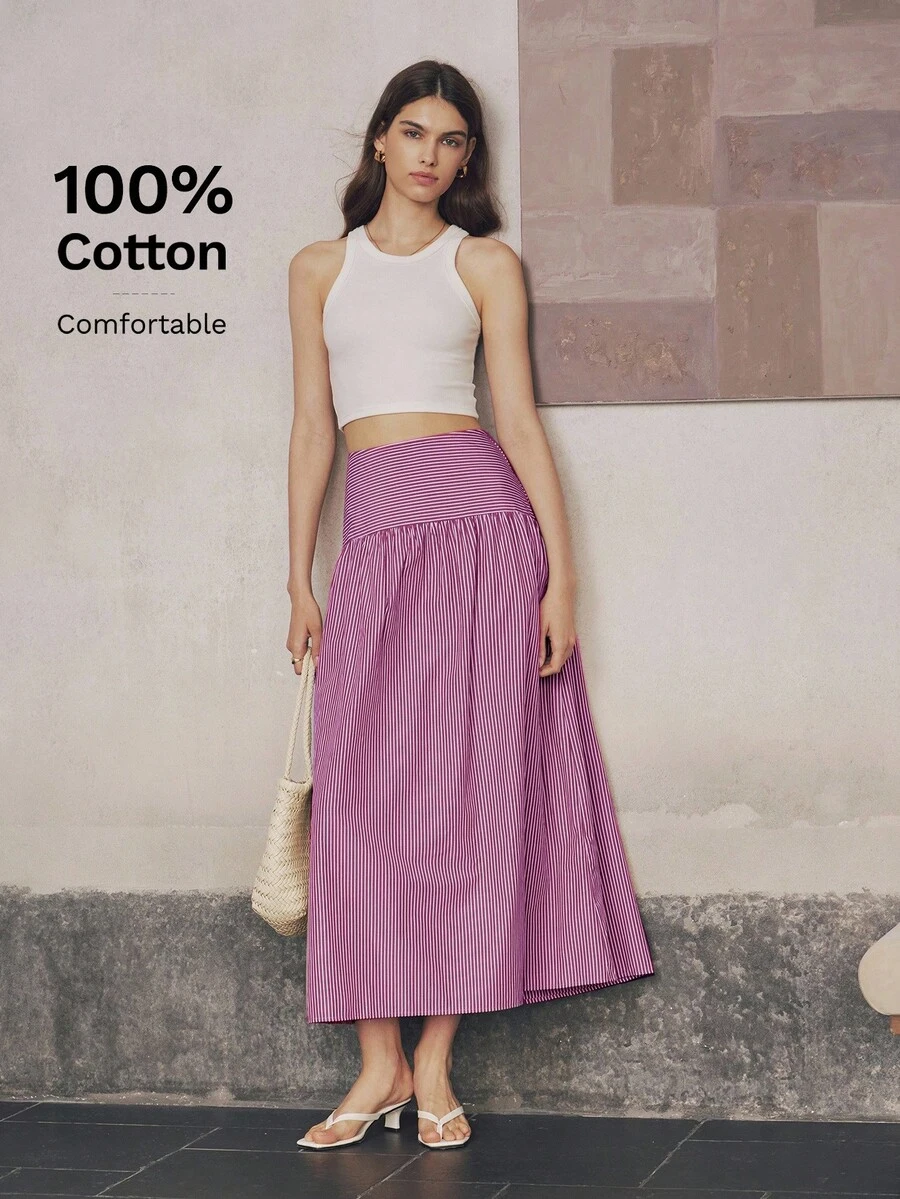 Almamuse 咖啡棕色条纹开叉荷叶边设计休闲沙滩度假裙 - 紅色 - 查看 1