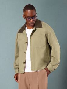 SUMWON Classic Twill Utility Work Shacket Canvas Workwear Jacket With Contrast Collar Front Patch Pockets And Button Closure Fall Spring Casual Outerwear Versatile Layer